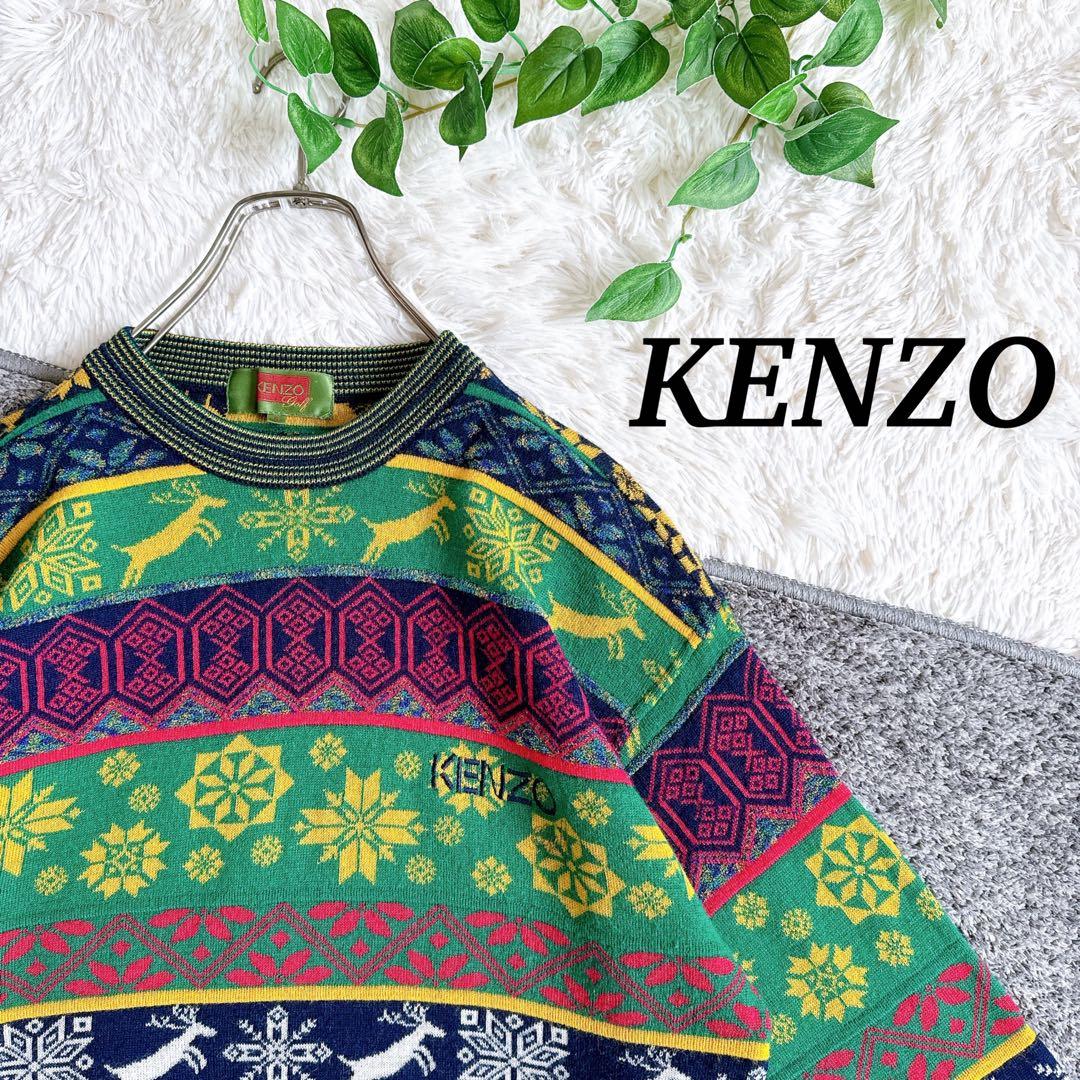 希少　美品　オールド　ケンゾー　総柄 ニット　切り替え　刺繍ロゴ　ウール混