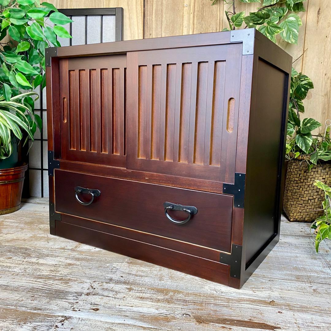 民芸家具木製桐材天然無垢引き戸付きタンスチェスト収納飾り棚箪笥和室インテリア