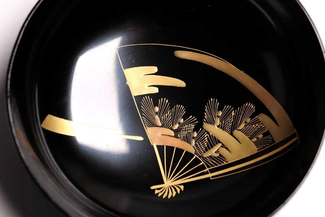 CG54 輪島塗 木製漆器 扇面金蒔絵 黒塗銘々木皿 九客 / 松取皿茶懐石道具