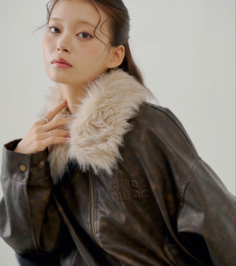 M 新品 Chico ファー取り外し可能 フェイクレザールーズジップブルゾン