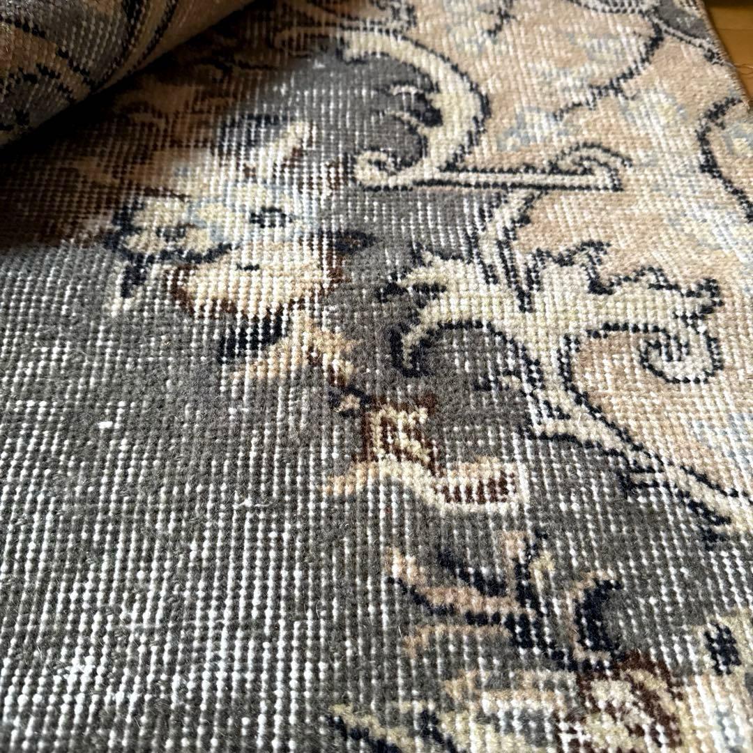 92×180-184グレイカーキ　ボタニカル柄　トルコヴィンテージラグ