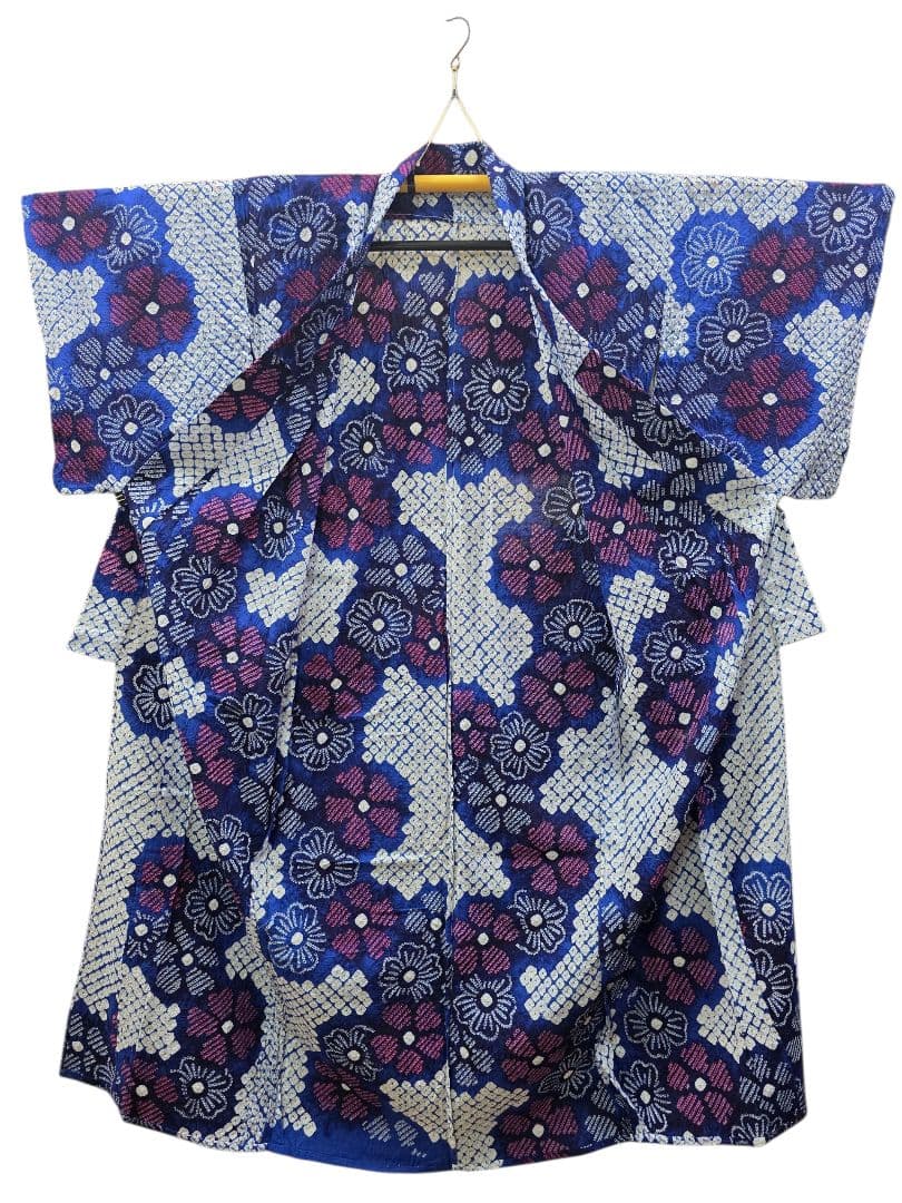 【24時間以内発送】美品 有松絞り 浴衣 蜘蛛絞り 鹿の子絞り 花柄 綿