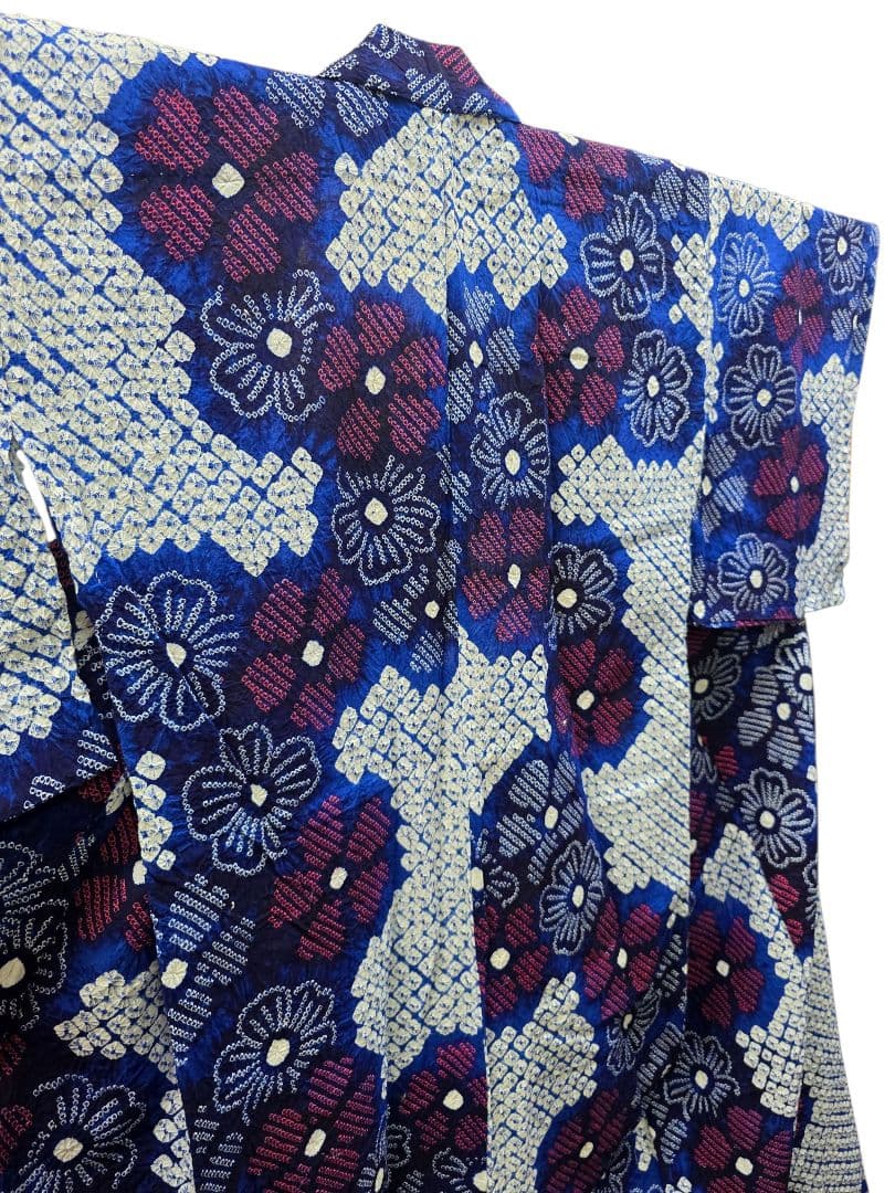 【24時間以内発送】美品 有松絞り 浴衣 蜘蛛絞り 鹿の子絞り 花柄 綿