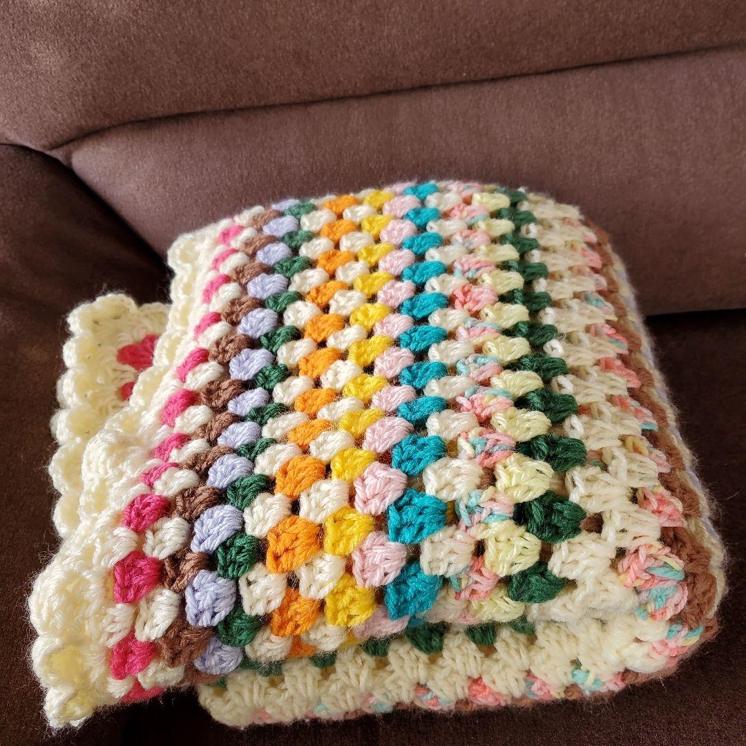 手編み♡モチーフ編み♡ブランケット♡レトロポップ♡オフ白