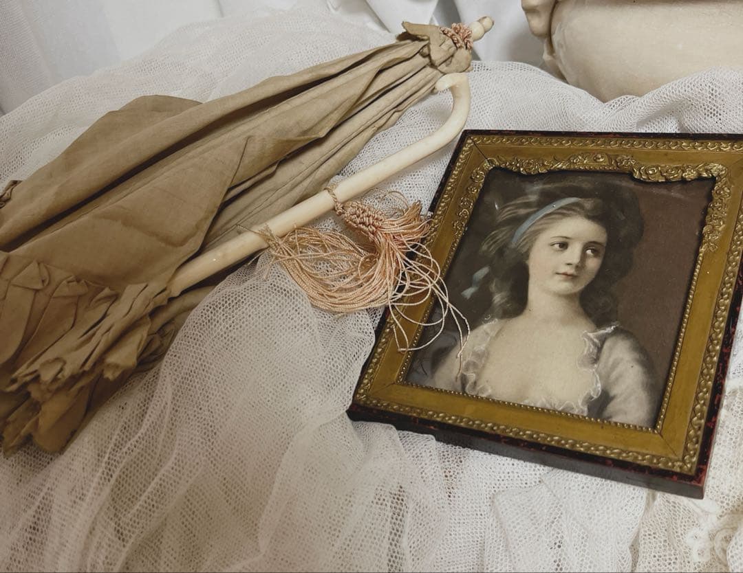 フランスアンティーク優美な貴婦人額装&ヴィクトリアンパラソル2点セット