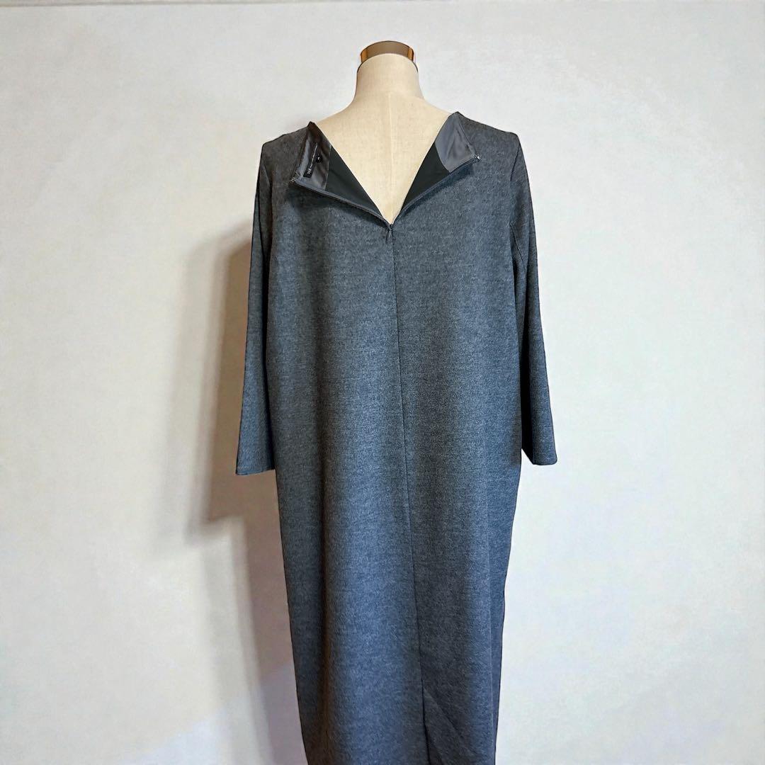 美品 23区 大きいサイズ ウール圧縮スムース サック ワンピース グレー 48