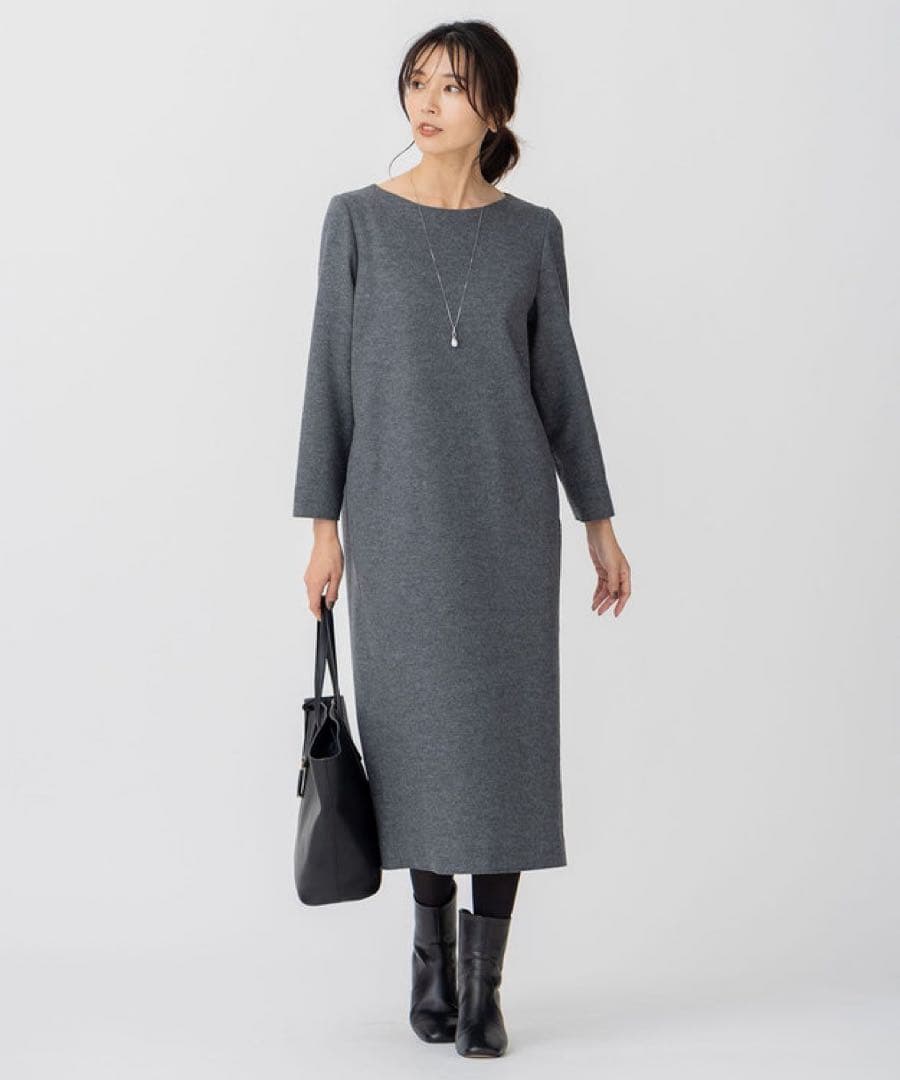 美品 23区 大きいサイズ ウール圧縮スムース サック ワンピース グレー 48