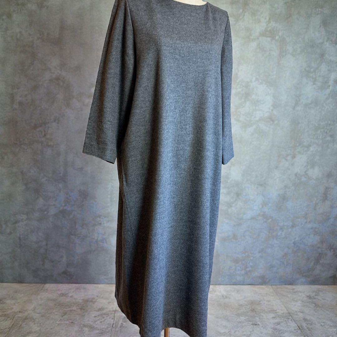 美品 23区 大きいサイズ ウール圧縮スムース サック ワンピース グレー 48
