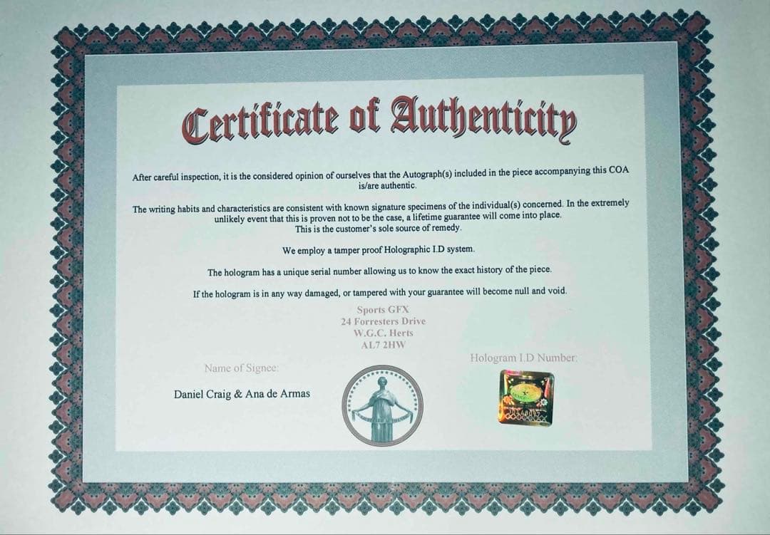 007 ダニエル・クレイグ & アナ・デ・アルマス 直筆サイン入り写真 保証書付