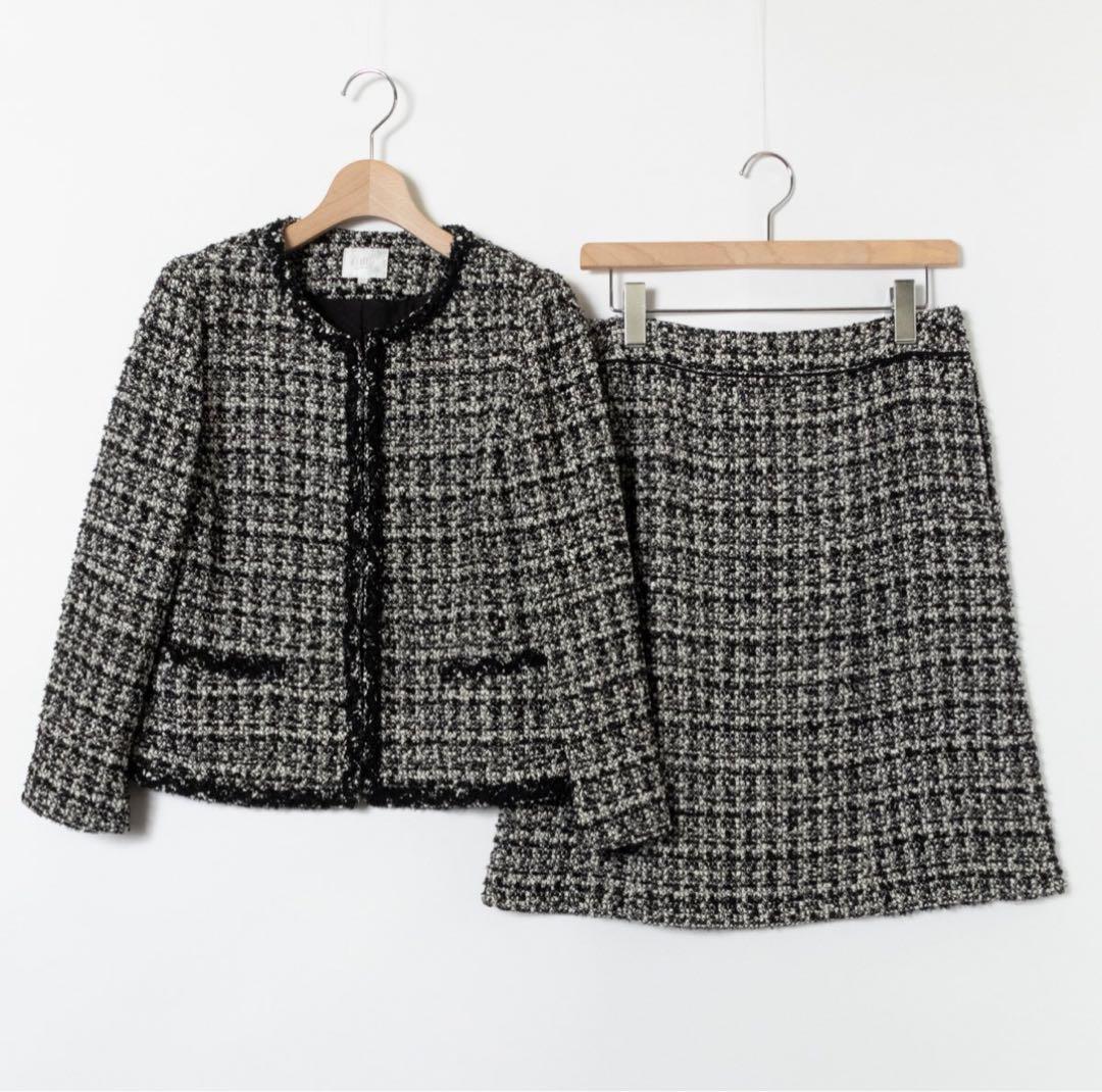 極美品【大きいサイズ42】自由区 ノーカラーツイードセットアップ スカートスーツ