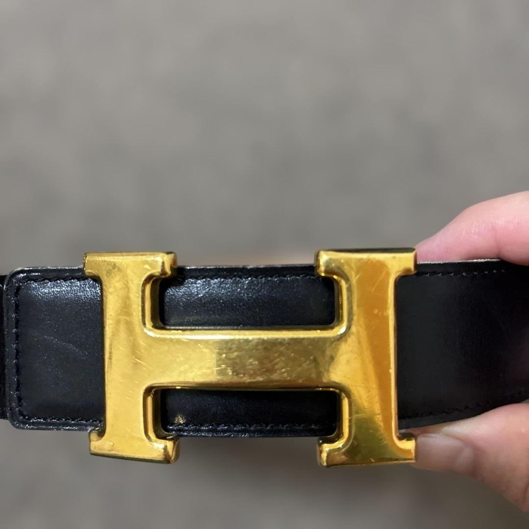 HERMES 黒レザーベルト H型バックル