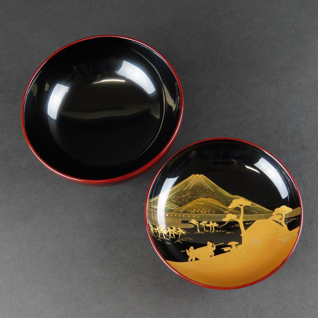 315 美品良好 東海道五十三次図蒔絵 特選越前塗作家 吸物椀５客木製/輪島塗