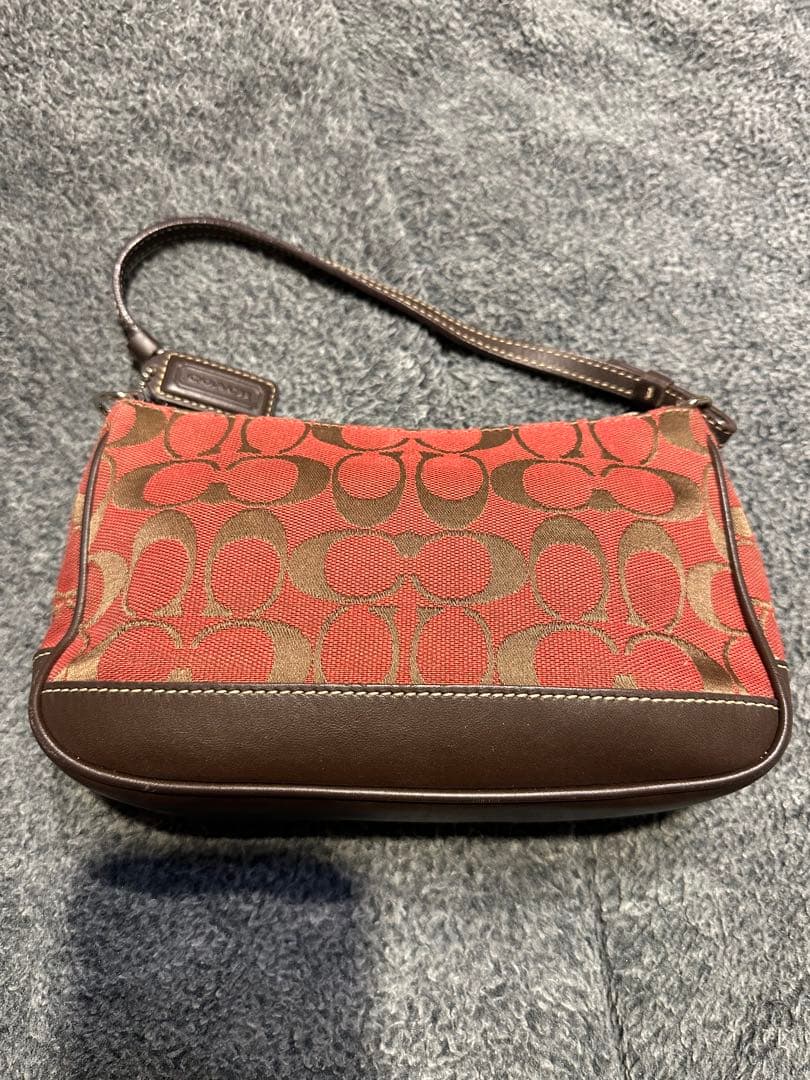 COACHコーチ　アクセサリーポーチ　ハンドバッグ　キャンバス 赤 茶