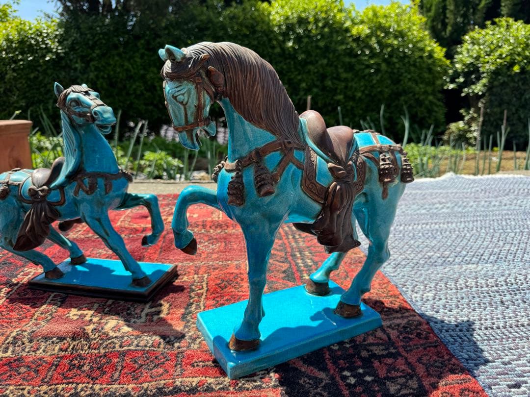 イタリア製 ターコイズブルー 陶器 馬 置物 ペア 地中海インテリア
