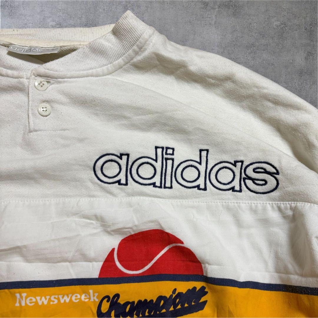 【M24】80-90s adidasヘンリーネックスウェット白×バターイエロー