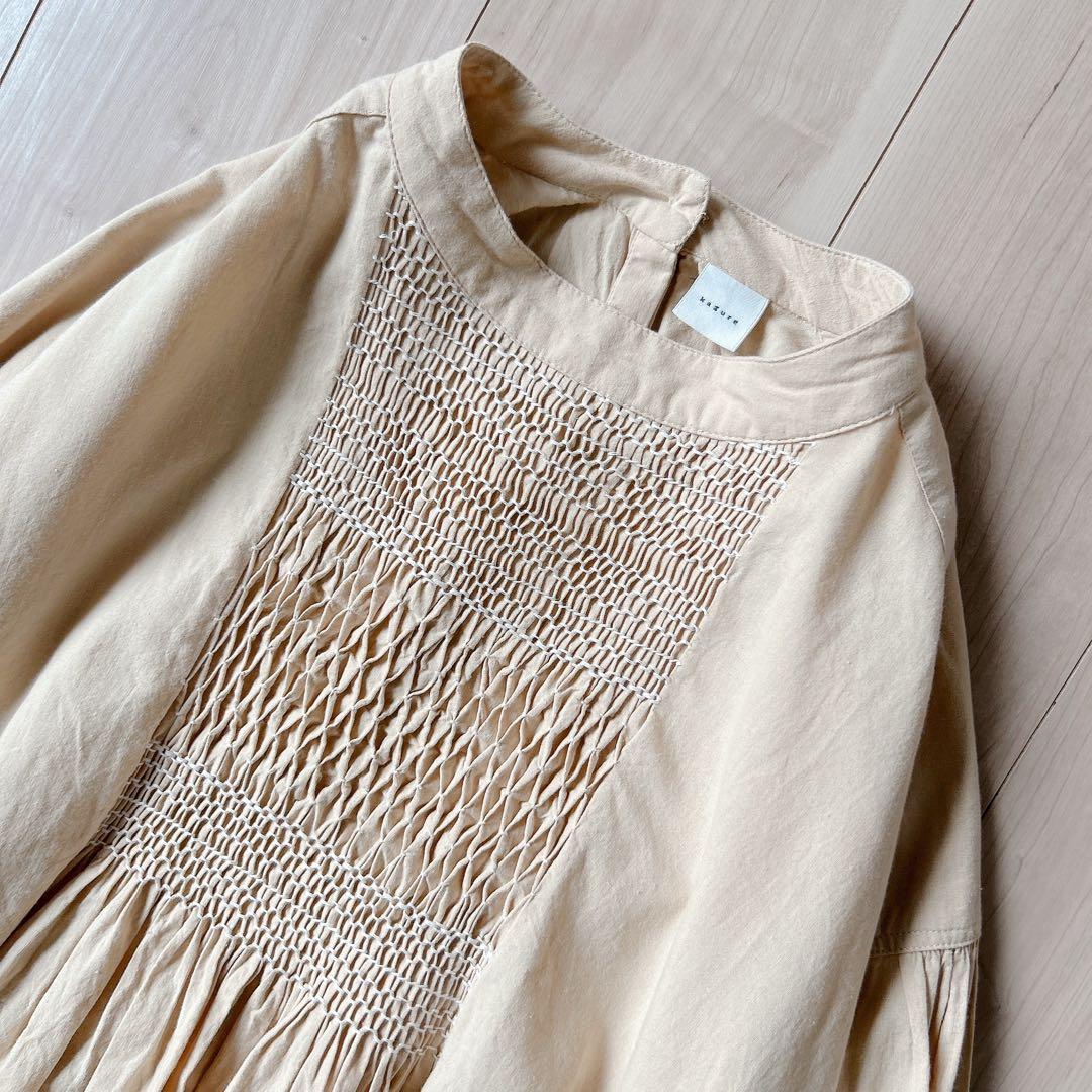 美品＊kagure かぐれ インド綿 コットンスモッキングブラウス ベージュ