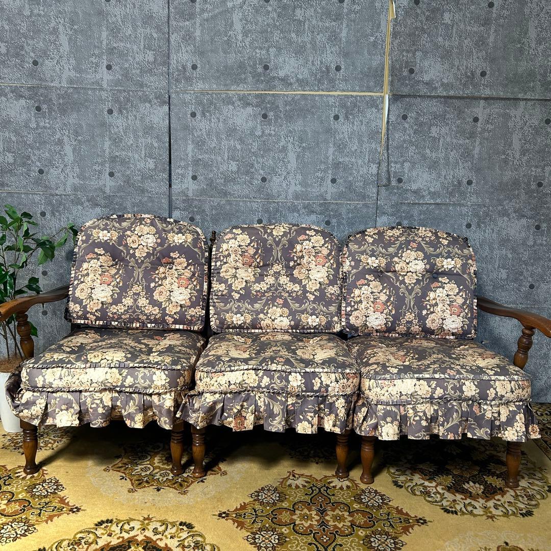 豆佳꧁飛騨産業 HIDA꧂キツツキ 穂高 3Pリビングチェア ソファ 花柄