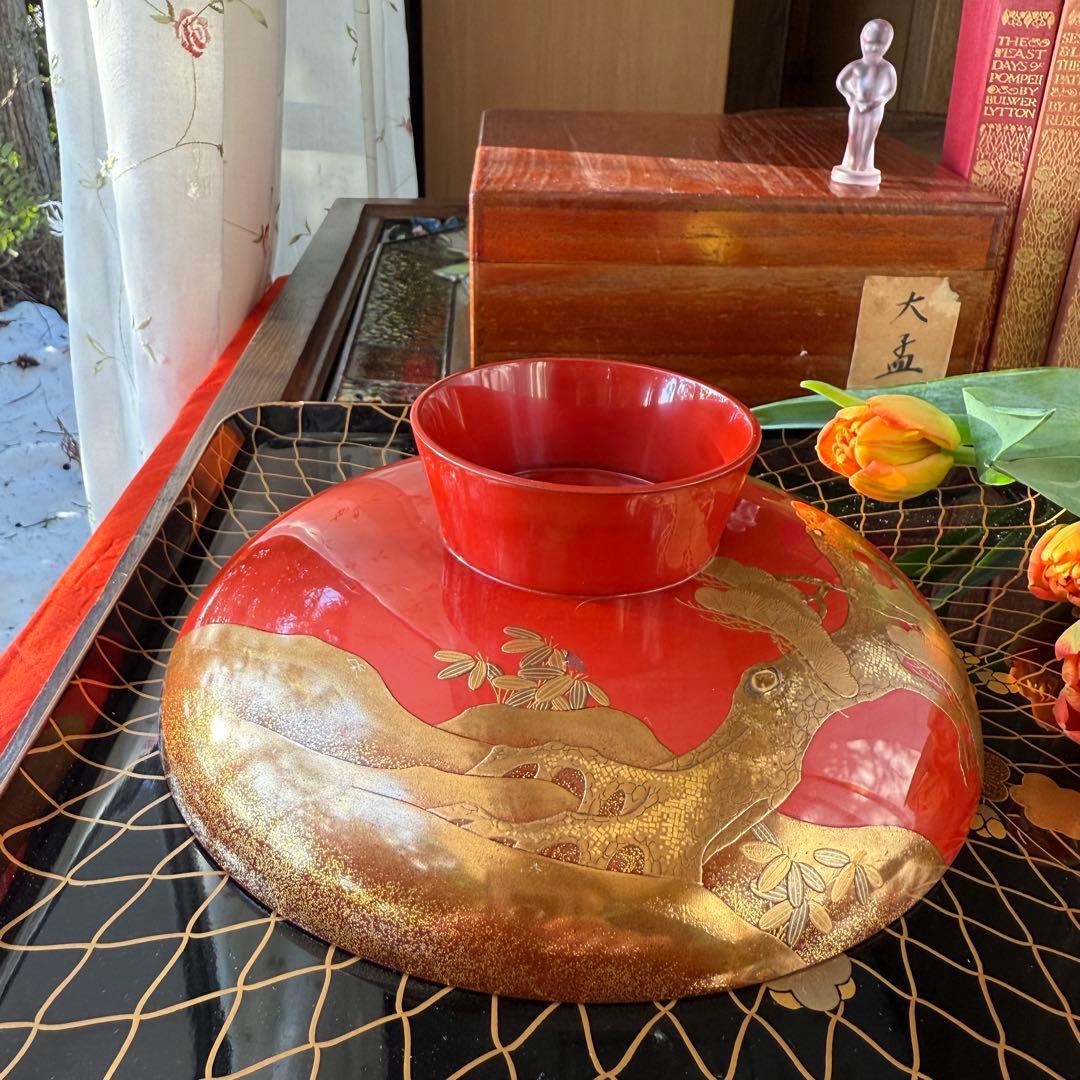 2147様感謝‼️愛蔵金銀波❌日の出❌松超絶高蒔絵大盃総欅塗木箱入黄布古布付1客