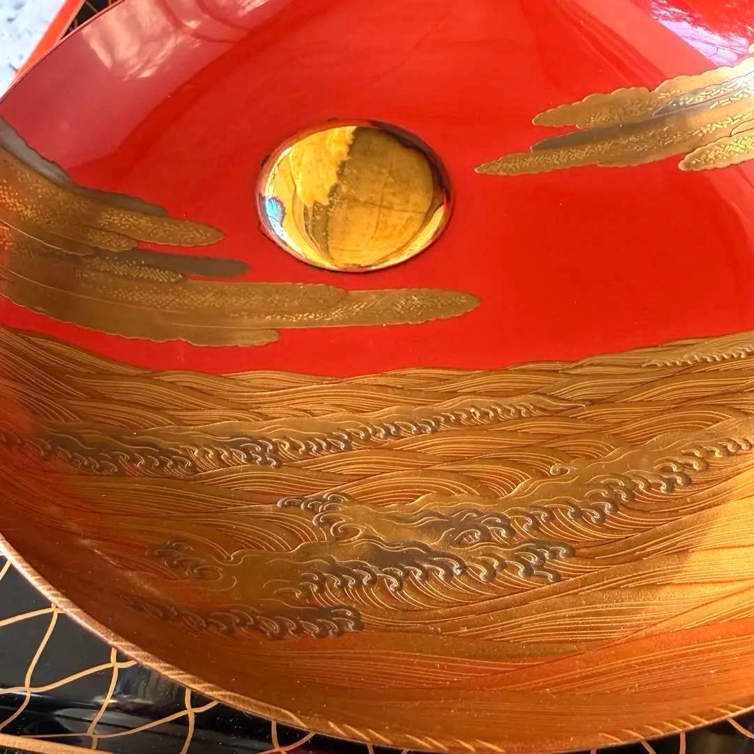 2147様感謝‼️愛蔵金銀波❌日の出❌松超絶高蒔絵大盃総欅塗木箱入黄布古布付1客
