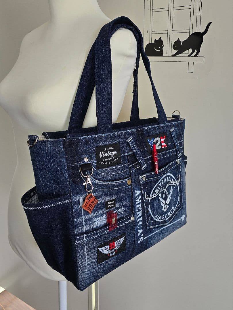 大きめ デニムリメイクバッグ ファスナー ＆ カジュアルサコッシュ 2点