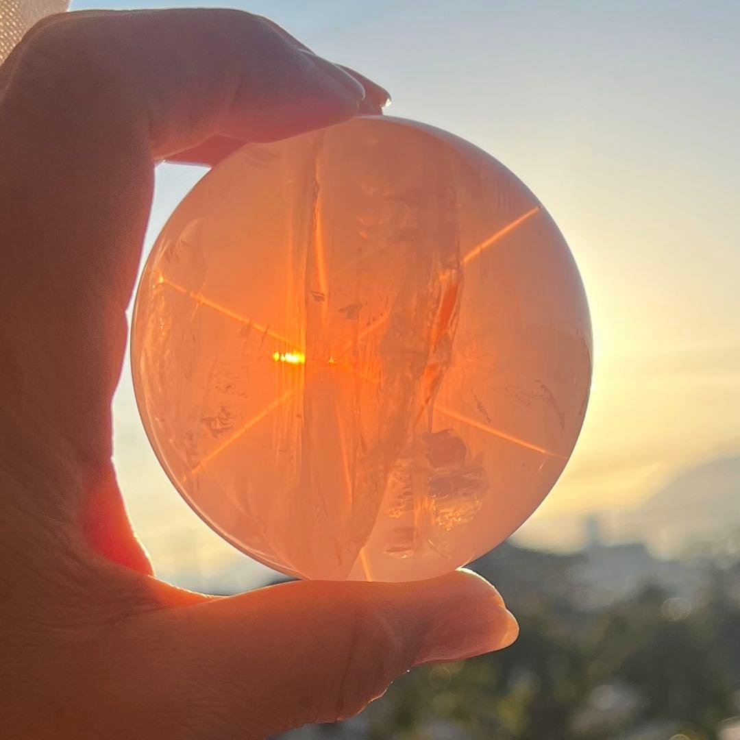 高品質　スフィア　六条　 スター ローズクォーツ　置物　虹入り