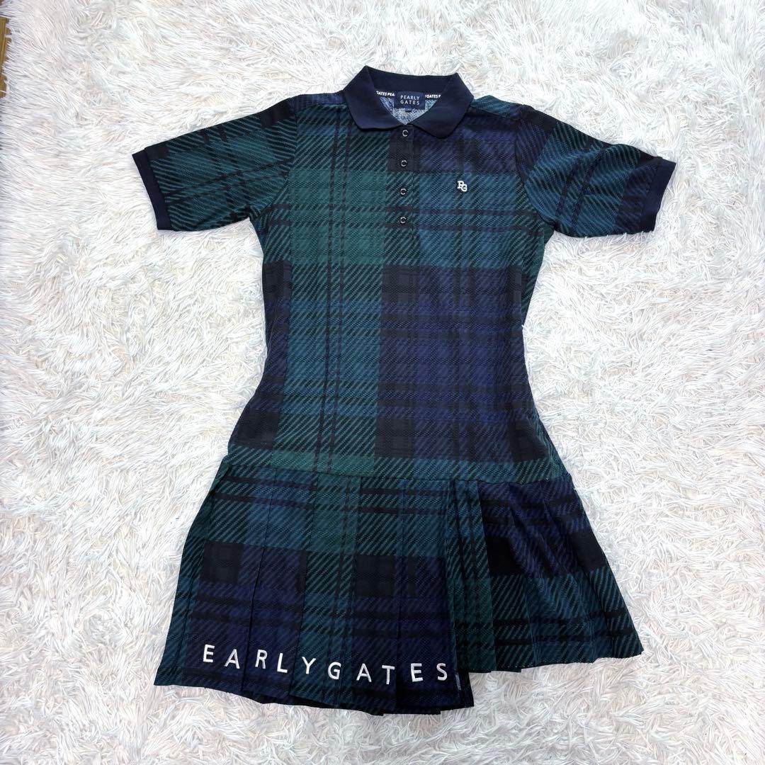 新作 パーリーゲイツ ブラックウォッチ ワンピース プリーツ 襟付き