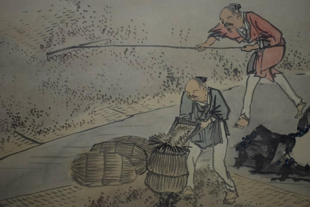 真作/景文/人物収穫図/農耕図/布袋屋掛軸HI-54