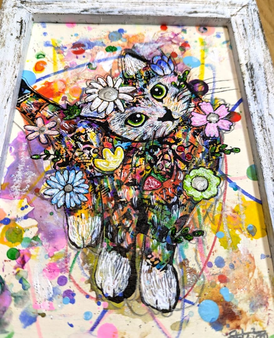 手作り額付き作品　title「はるうららニャンコ」