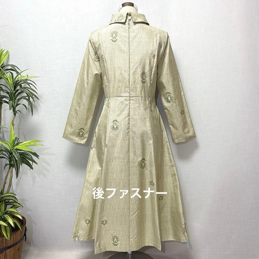 着物リメイク　大島紬花柄ワンピース　ロールカラー　Aライン　細見せ　ゆったり正絹