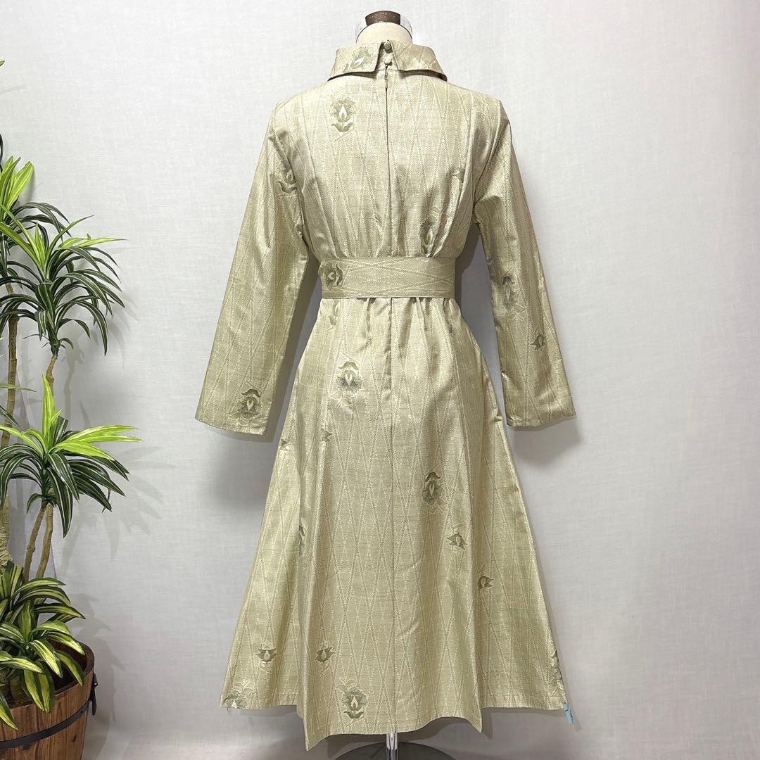 着物リメイク　大島紬花柄ワンピース　ロールカラー　Aライン　細見せ　ゆったり正絹