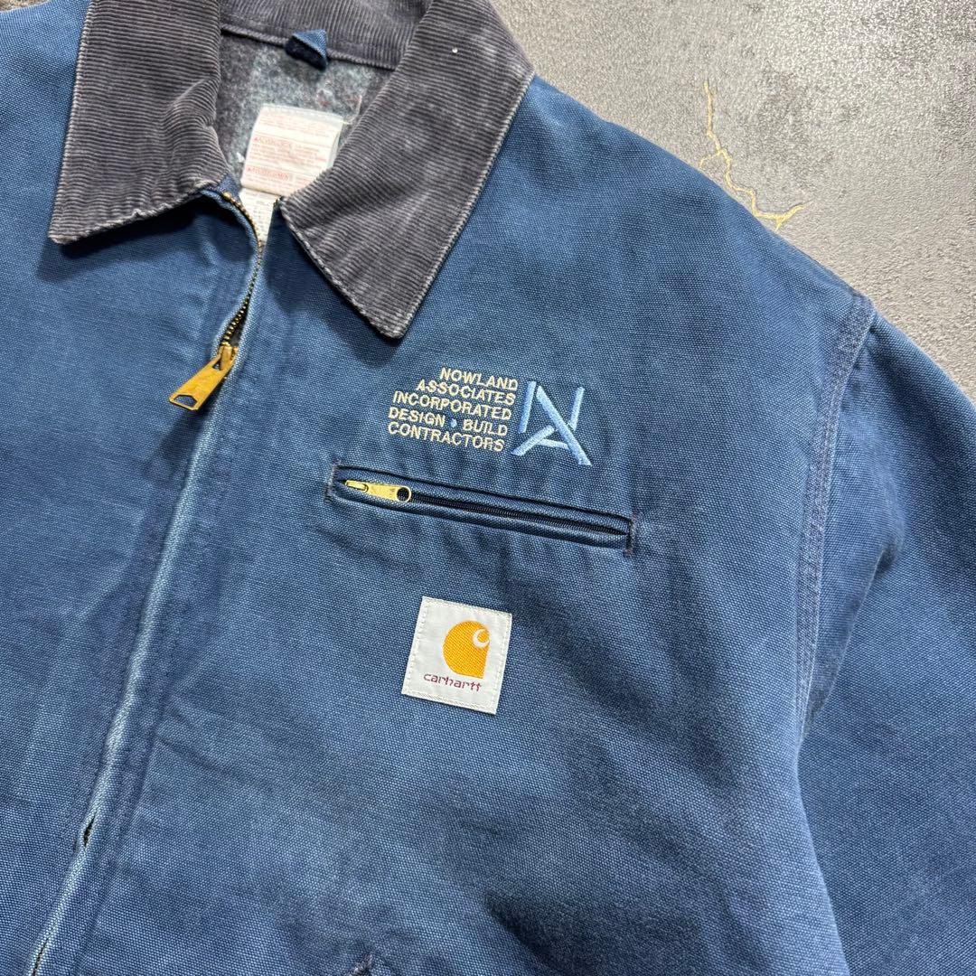 00sUSA製カーハートデトロイトジャケットブルーダックジャケット企業ロゴ短丈