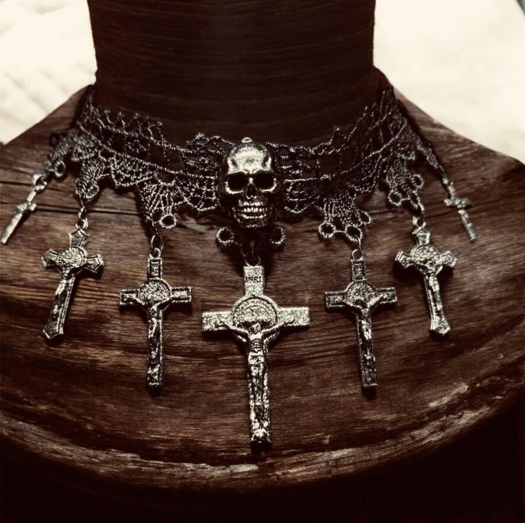 ト*リ様 ★1点物★ジャンポールゴルチエ★スカル7クロスレースチョーカーネックレ