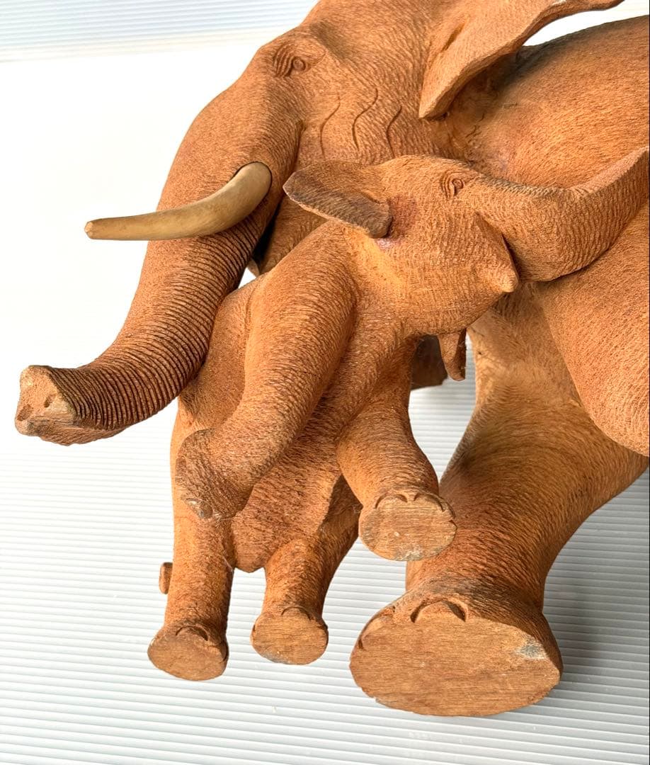 珍しい 希少！50cm リアル 一刀彫り 親子 ゾウ 彫刻 アンティーク 象