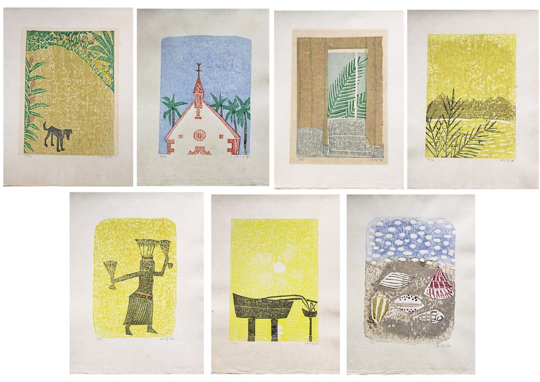 香月泰男 【香月泰男木版画集「タヒチ」（シート7点組額付）】木版画