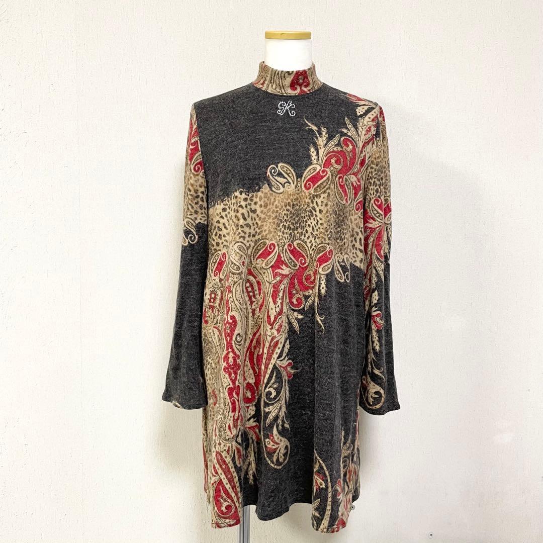 伊太利屋 ヒョウ柄 ペイズリー ニットロングチュニック ハイネック 大きいサイズ