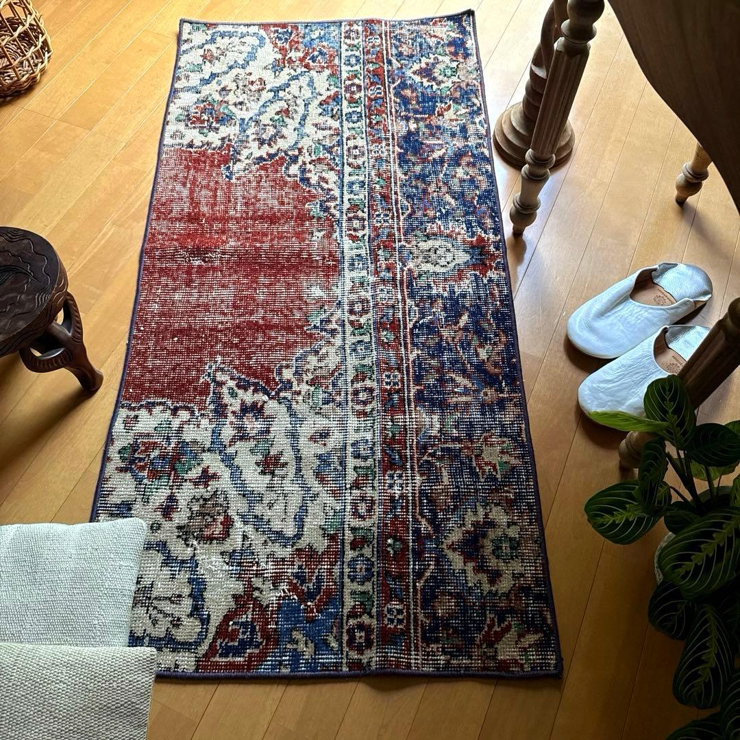 pp60×125赤ブラウン×深みネイビートルコヴィンテージラグ