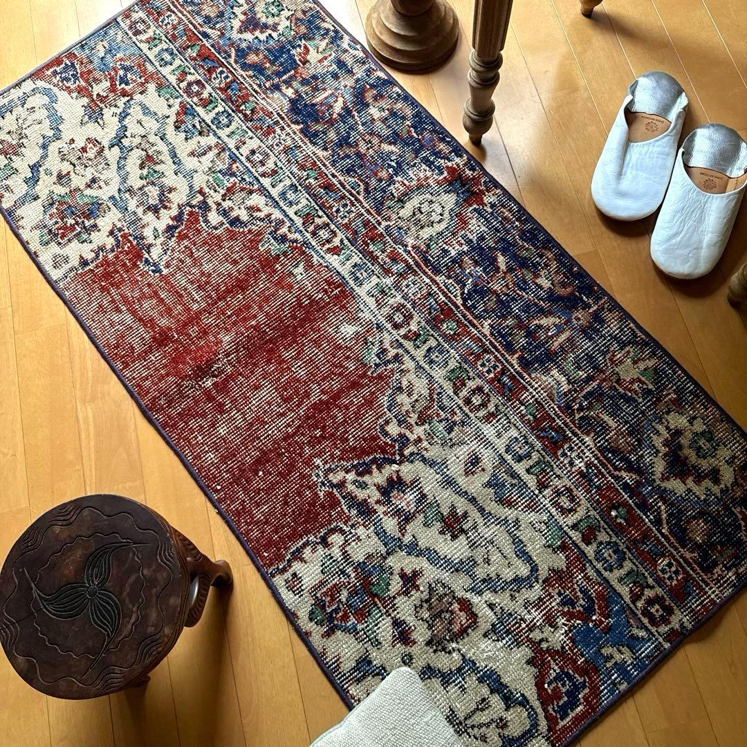 pp60×125赤ブラウン×深みネイビートルコヴィンテージラグ