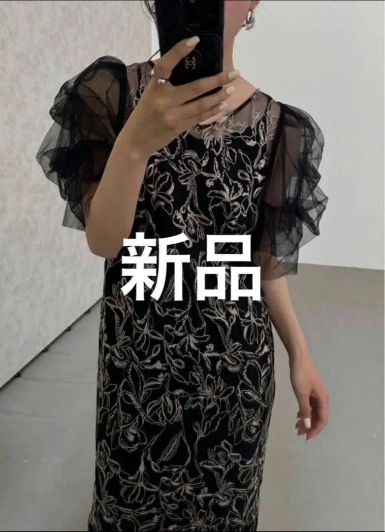 新品 リルアー　刺繍入りフリル袖ロングドレス