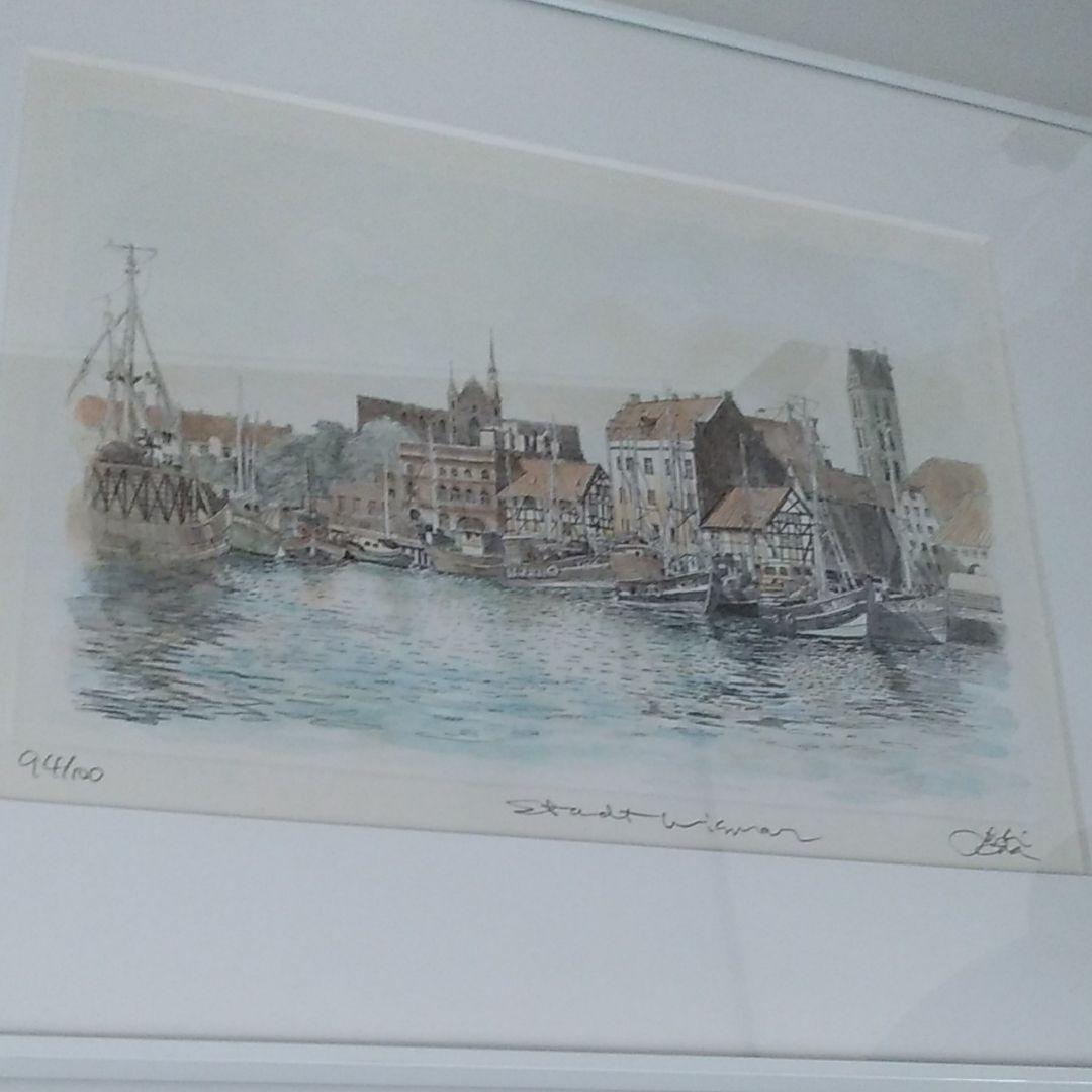 値引き中、織田義郎 絵画 94／100 ドイツ ビスマールの港 インテリア
