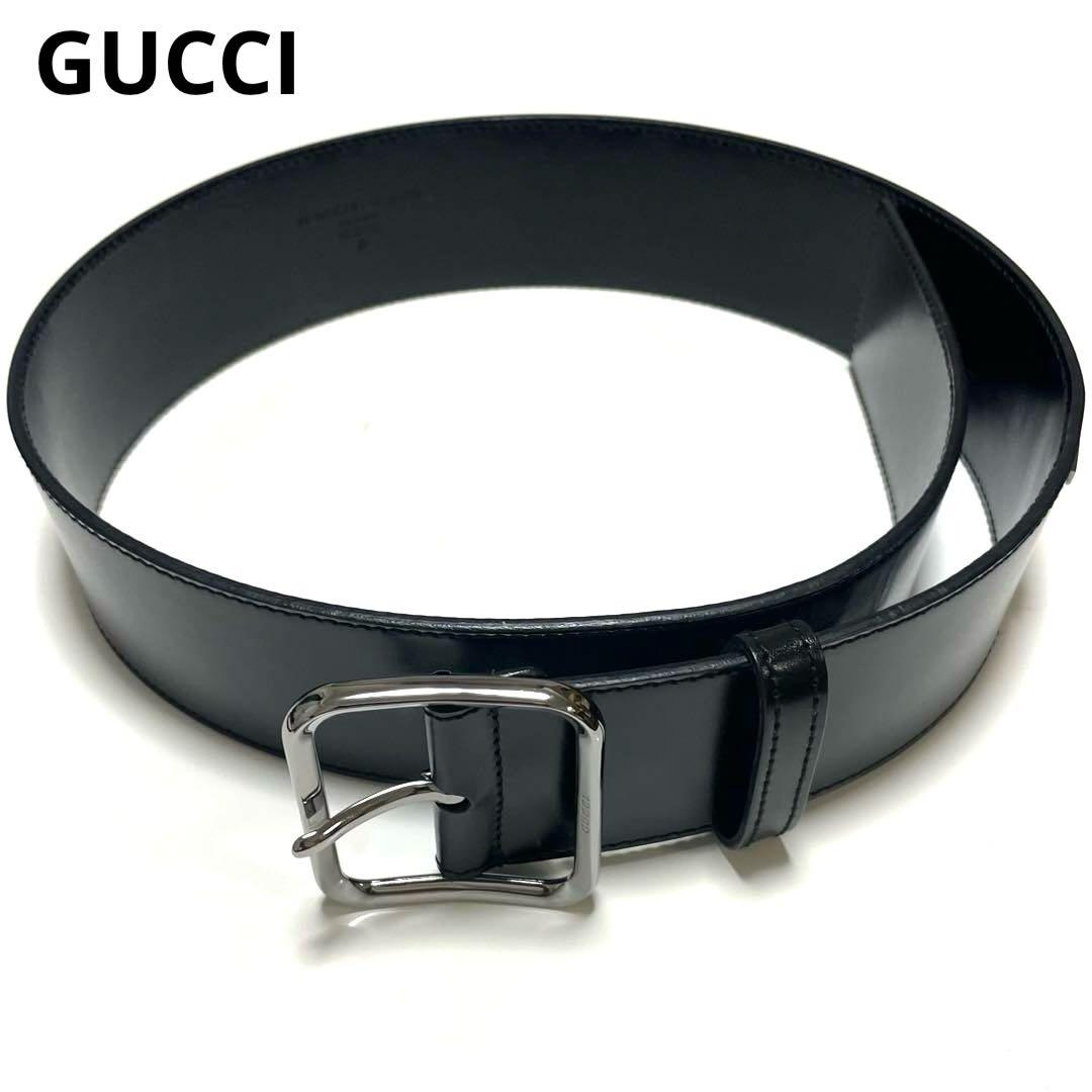 グッチ レザーベルト シルバーバックル スムースカーフ ブラック（90）
