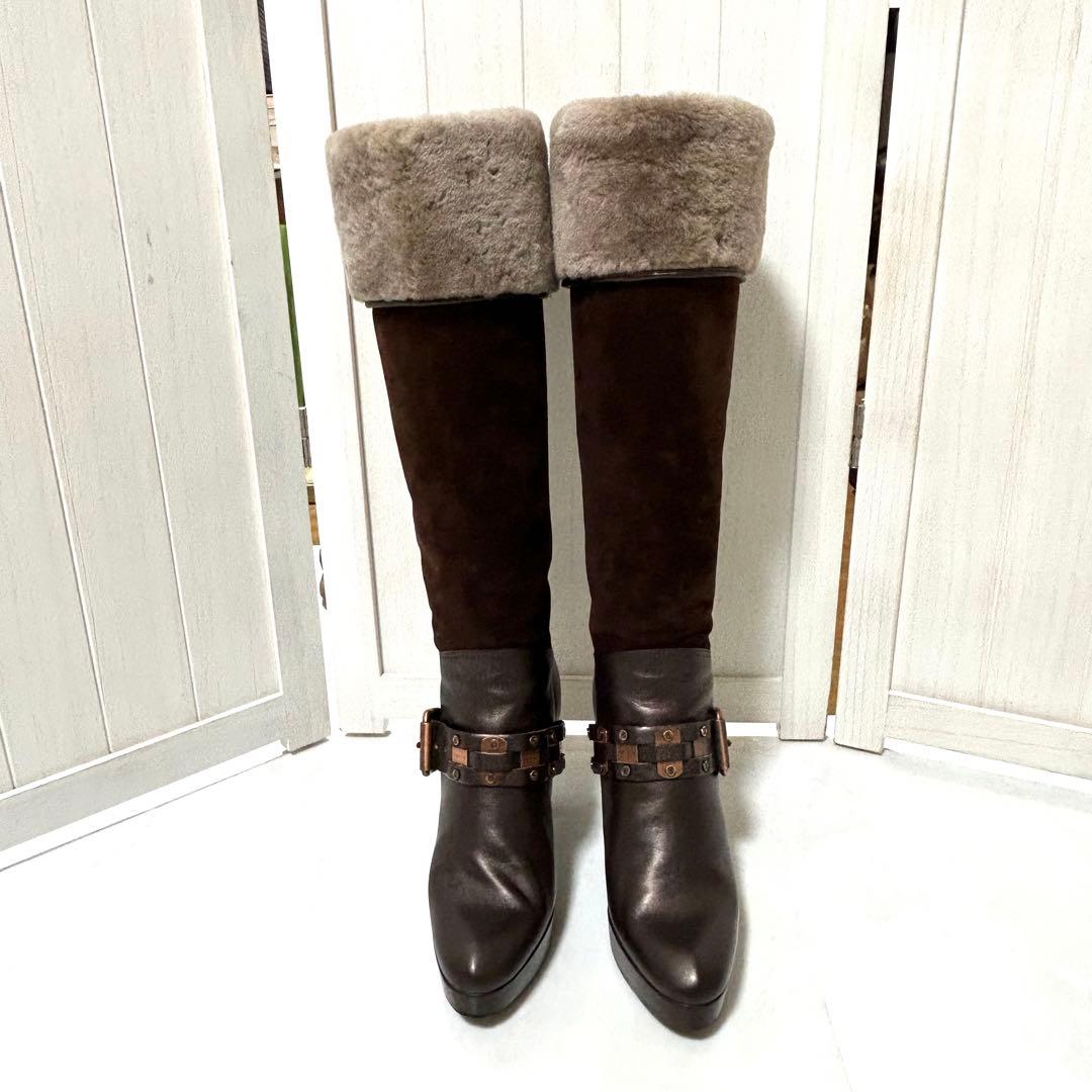 美品 CELINE スエード レザー ファー ロングブーツ 2way 36.5