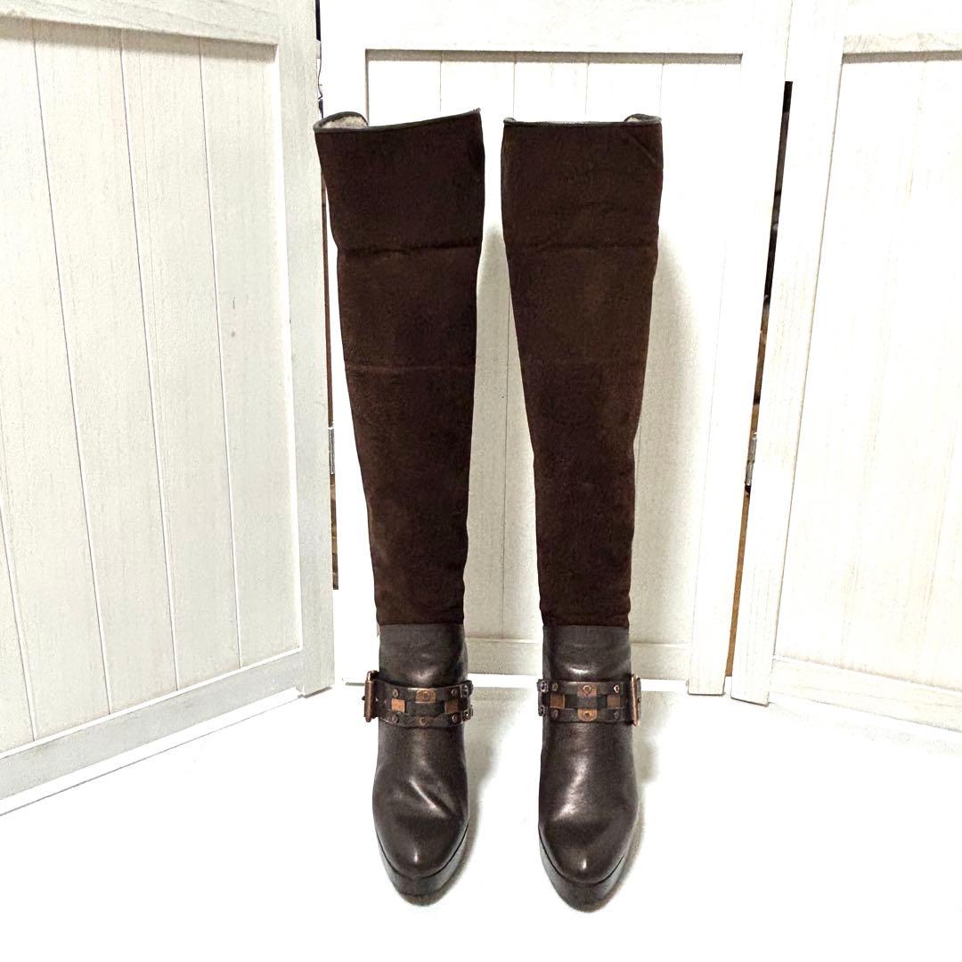 美品 CELINE スエード レザー ファー ロングブーツ 2way 36.5
