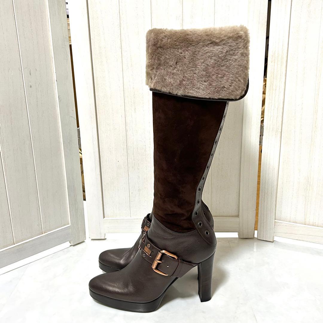 美品 CELINE スエード レザー ファー ロングブーツ 2way 36.5