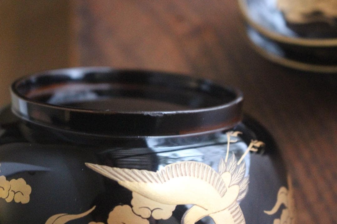 高台縁傷のみ！時代金縁黒漆に極上雲鶴蒔絵の映える煮物椀2点（検京塗輪島塗雑煮椀