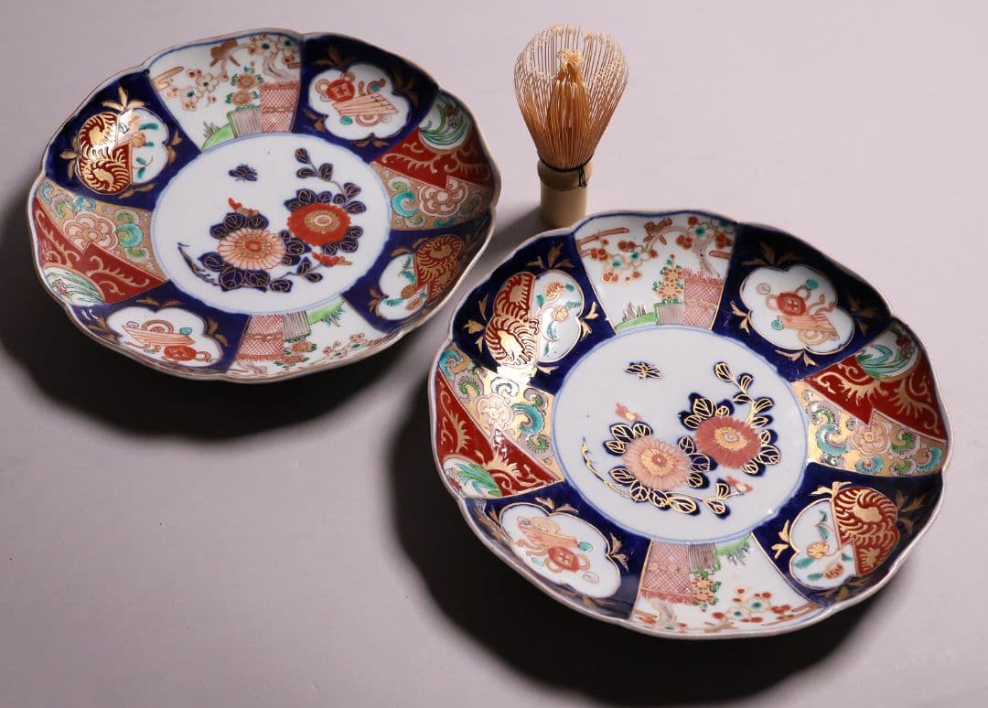 【CM119】古伊万里 色絵 中皿 2枚 盛皿 幅22.3cm 錦手 花鳥 草花