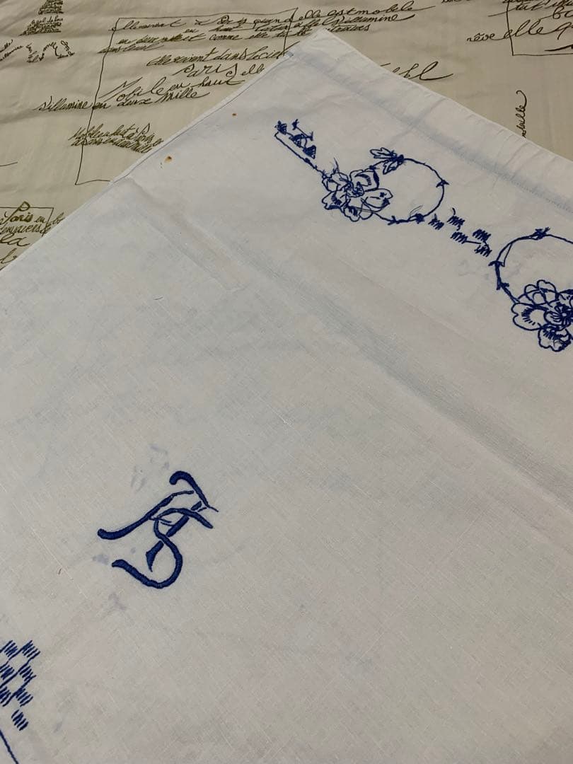 フランスアンティーク　レアなブルーの糸で風景と文字が刺繍されたカーテン！可愛い！