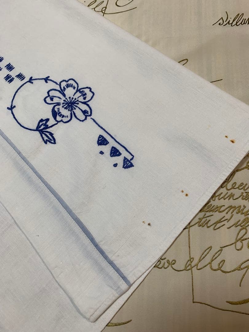 フランスアンティーク　レアなブルーの糸で風景と文字が刺繍されたカーテン！可愛い！