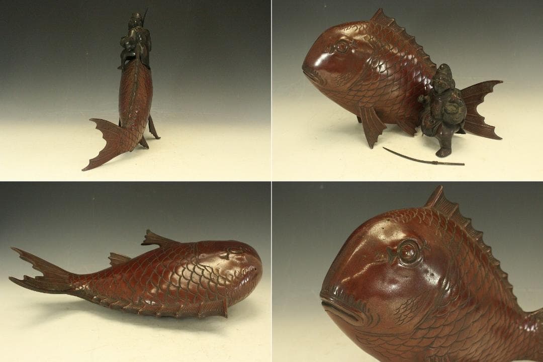 銅製 鯛 乗り 恵比寿 吉祥 縁起物 33cmx16cm 時代物(A193)