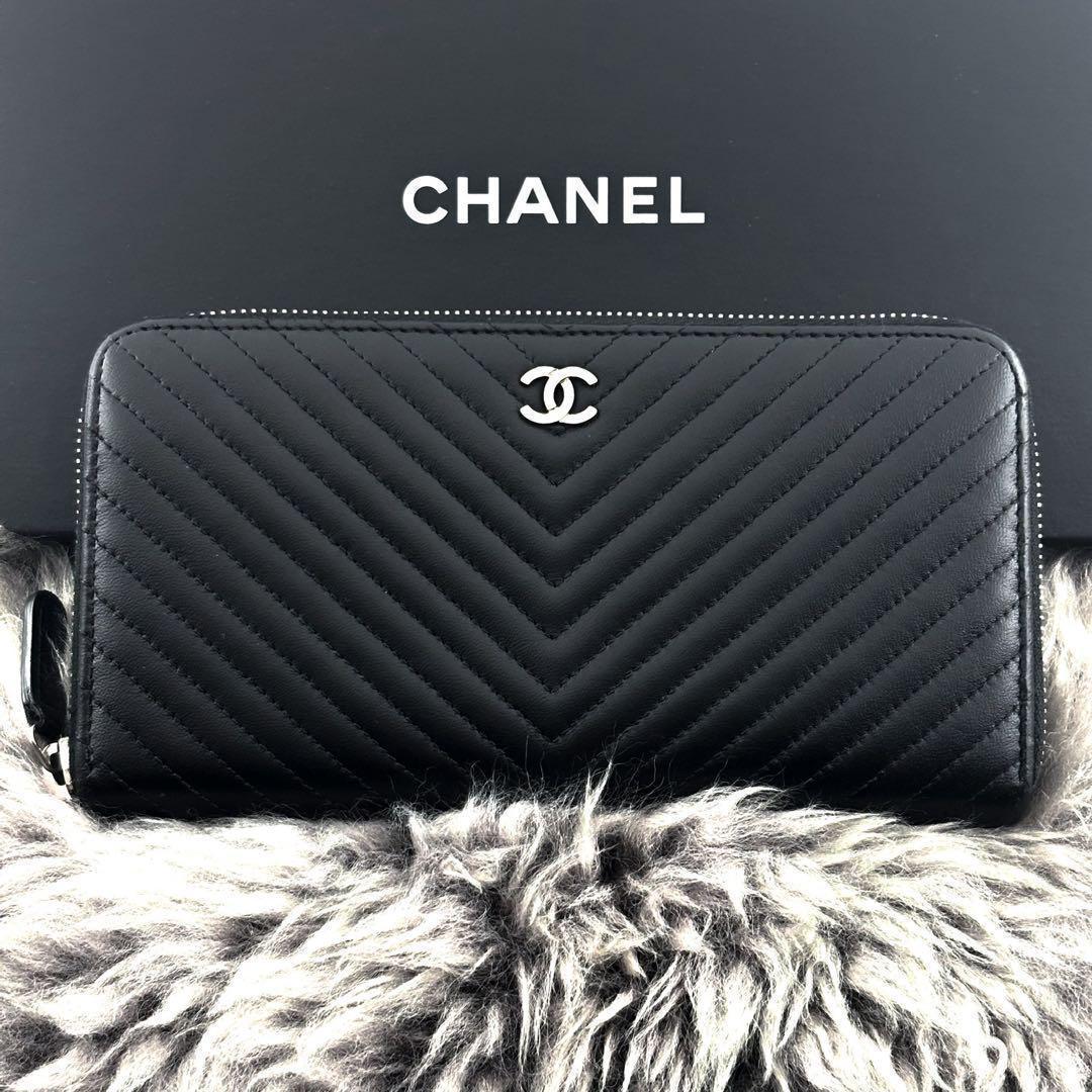 【美品✨】シャネル 長財布 シェブロン Vステッチ ラウンドジップ
