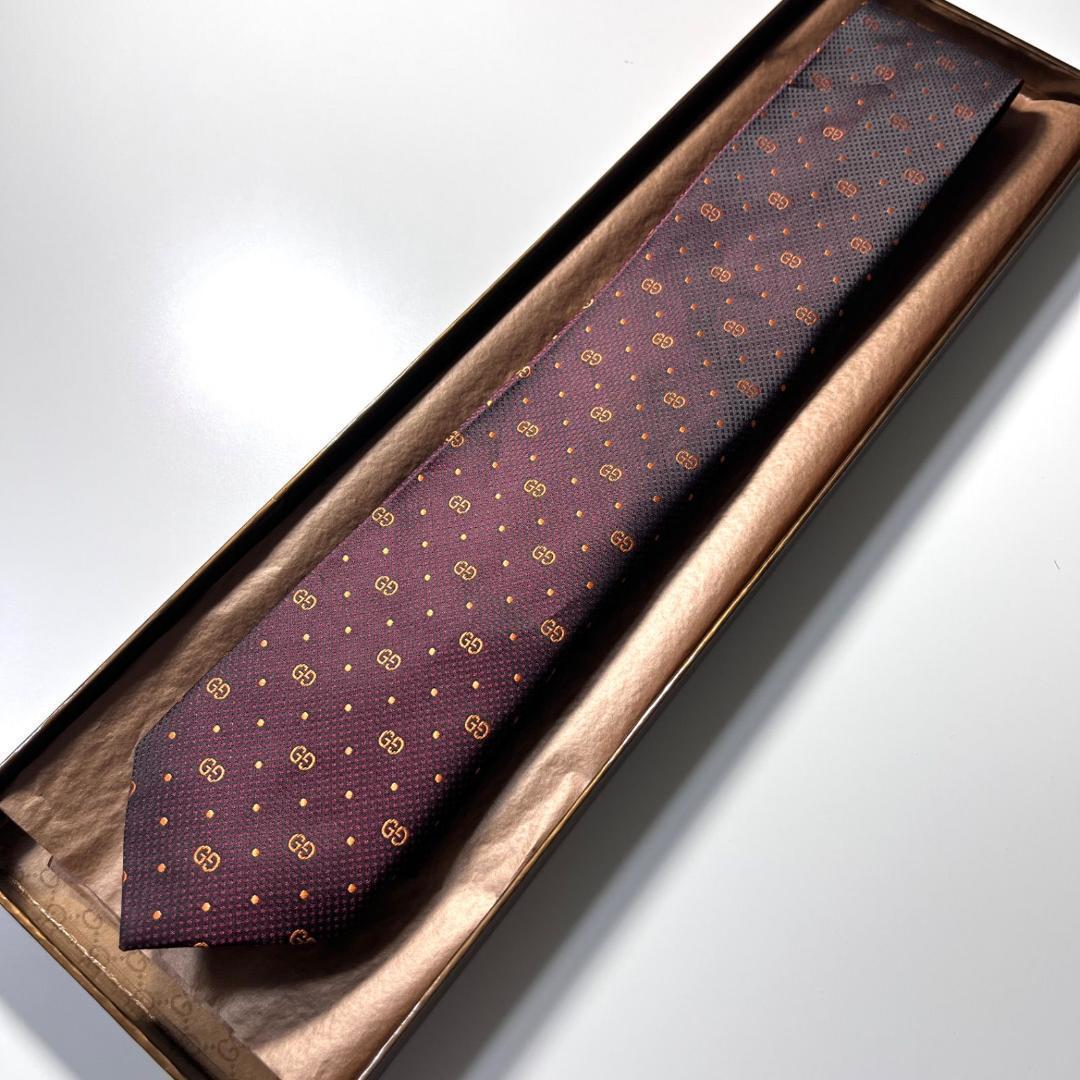 GUCCI ネクタイ シルク 100% バーガンディー GG柄 総柄 ダブルG